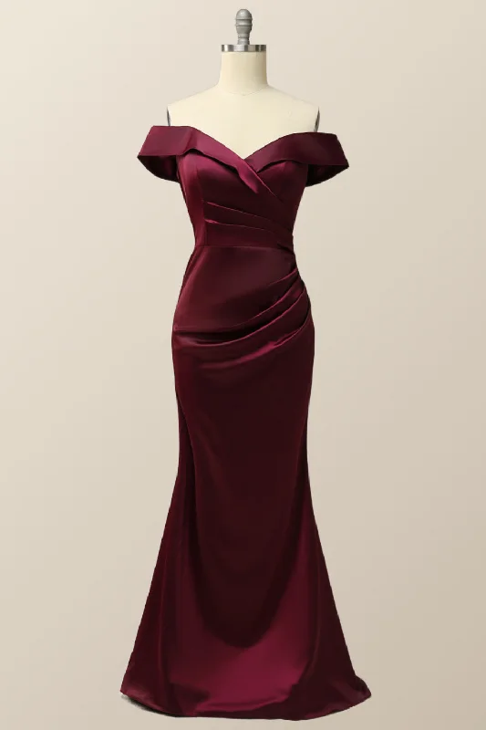 Off the Shoulder Burgundy Mermaid Evening Dress