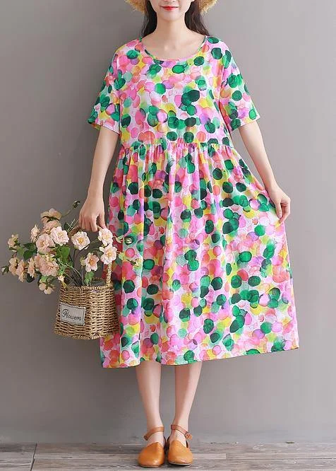 DIY pink prints Cotton clothes short sleeve tunic summer Dresses