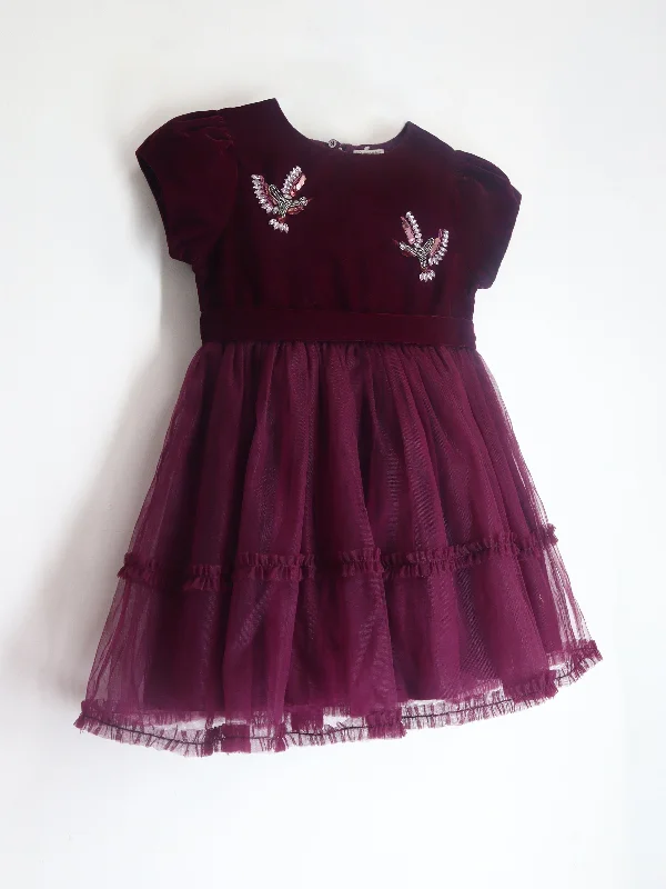 Wine Cotton Blend and  Short Sleeves with Zipper Closure Fit & Flared Embellished Partywear Dress For Girls