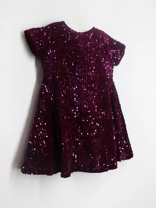 Wine Cotton Blend and Half Sleeves with Zipper Closure Fit & Flared Partywear Sequin Dress For Girls