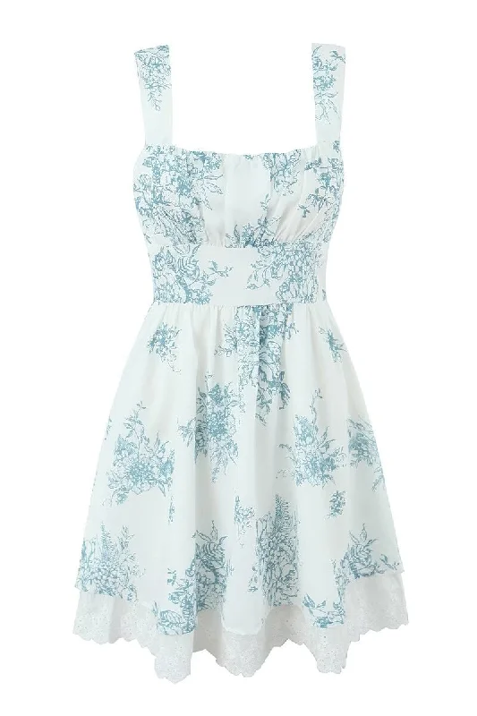 Straps White Floral Print Short Dress with Lace