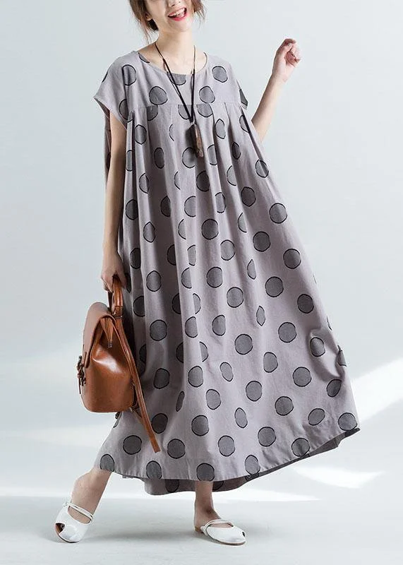 Elegant short sleeve o neck cotton clothes pattern gray dotted Plus Size Dress summer