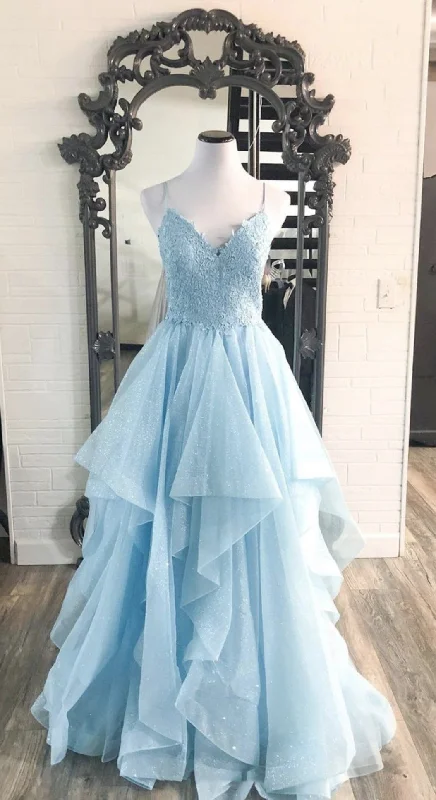 Tiered Skirt Sparkle Sky Blue Prom Dress