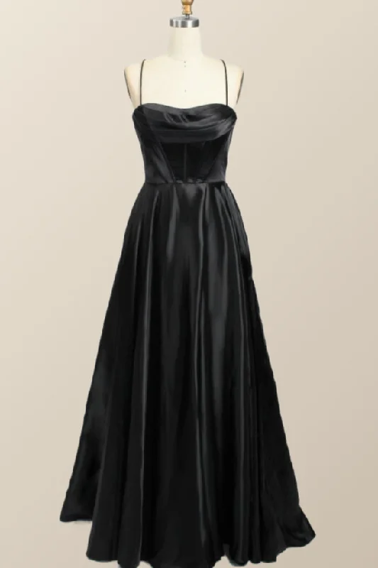 Black Satin A-line Cowl Neck Long Formal Dress