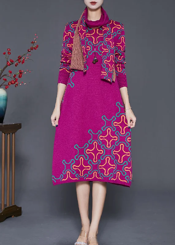 Elegant Rose Print Complimentary Scarf Knit Long Knit Dress Fall