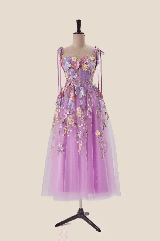 Lilac 3D Floral Tea Length Party Dress