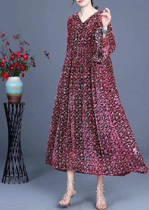 Italian Red Print flare sleeve Summer Silk Maxi Dresses