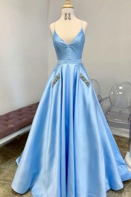 A line Blue Pageant Dress with Pocket