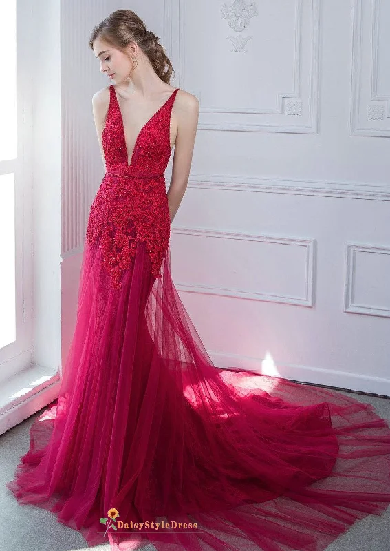 Mermaid Deep V-neckline Red Wedding Dress