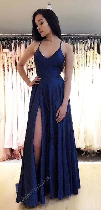 Sexy Spaghetti Straps Slit Navy Blue Prom Dress