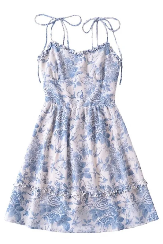 Tie Shoulder Blue Floral Printed Short Dress