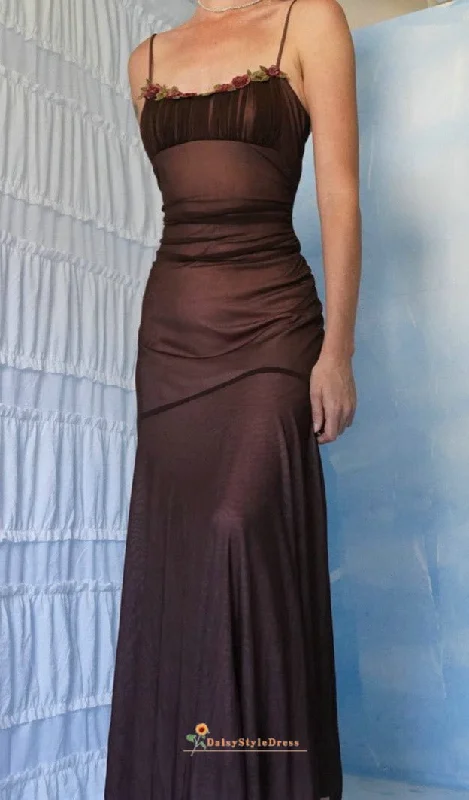 Fit and Flare Coffee Brown Square Neckline Party Dress