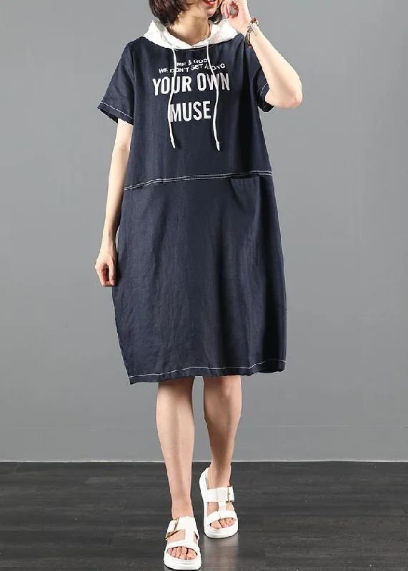 Chic hooded patchwork Tunics Sleeve navy Letter Dresses