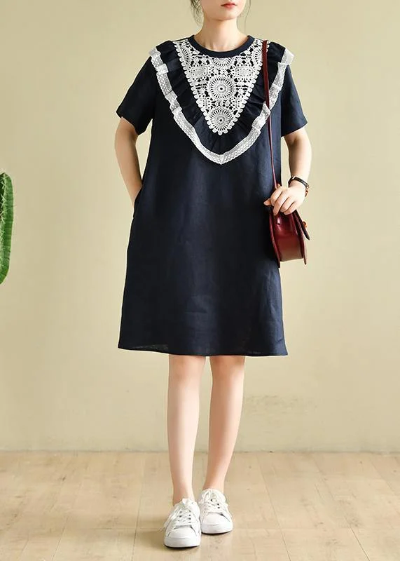 Women navy patchwork lace quilting clothes o neck loose Dress