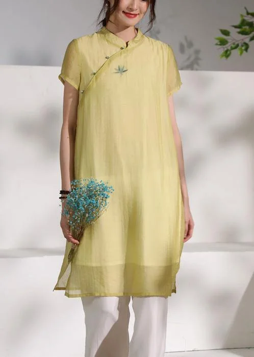 Chic stand collar summer Outfits yellow embroidery Dress