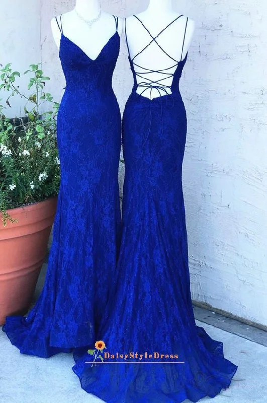 Fitted Blue Lace Evening Dress