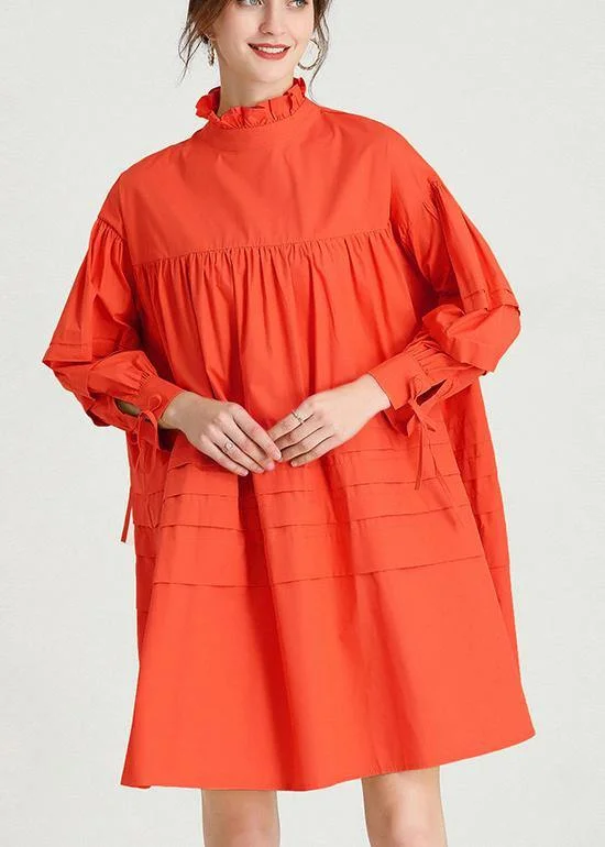 Fashion Orange Long sleeve Spring Cotton Dress