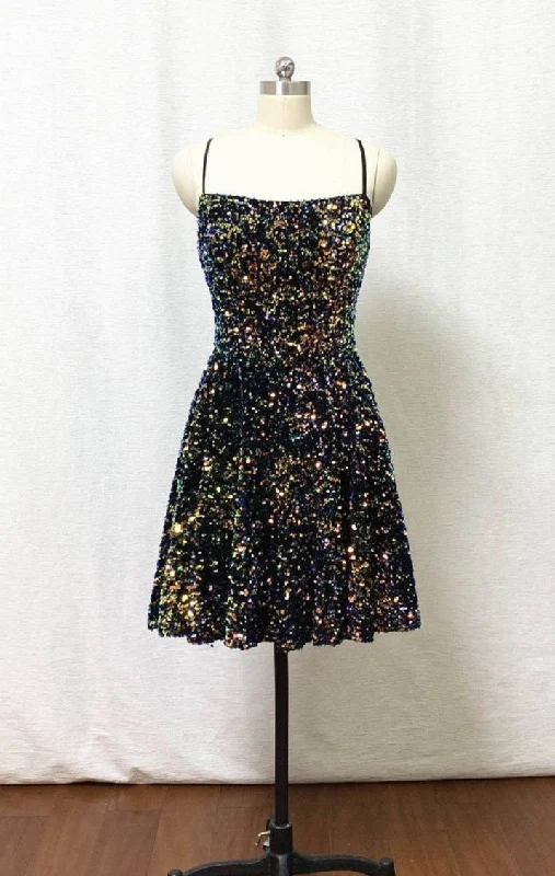 Short Square Neckline Sparkle Sequins Homecoming Dress