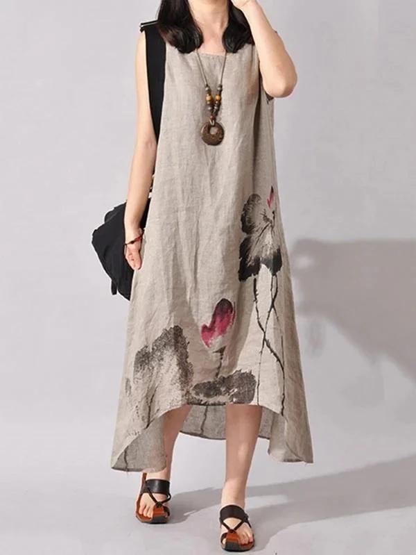 French light gray print cotton linen Soft Surroundings o neck sleeveless Dresses