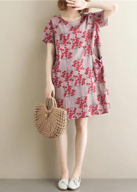 Women o neck pockets Cotton tunics for women Outfits red print Dress summer