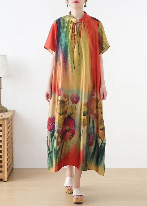 Simple Yellow Print Chiffon Tie Summer Robe Dresses