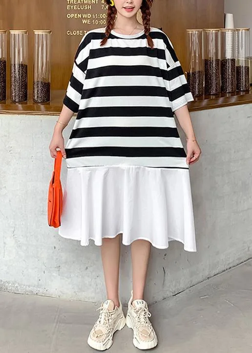 Organic o neck Ruffles summer tunics for women Work black white striped Dresses