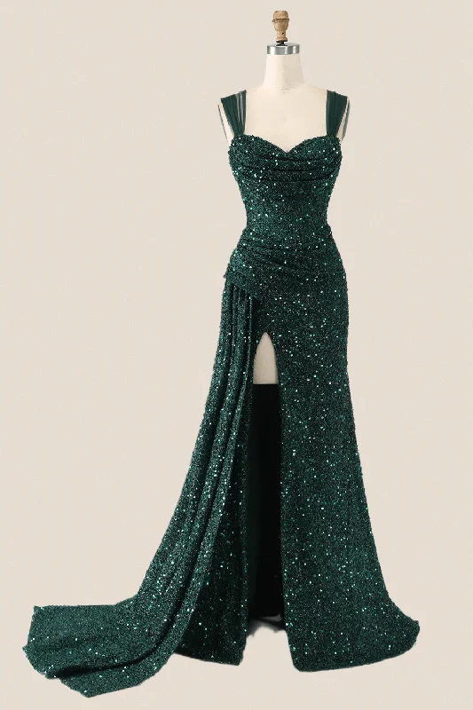 Ruched Dark Green Sequin Mermaid Long Evening Dress