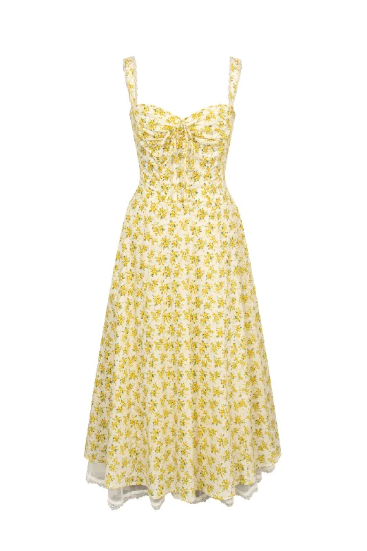 Straps Yellow Floral Print Summer Dress with Lace