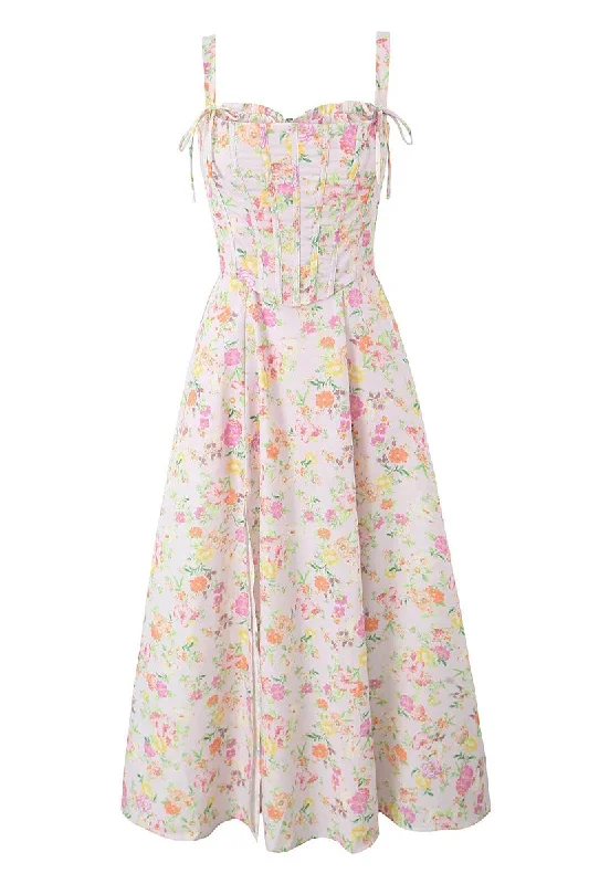 Pink Floral Print Long Dress with Boning