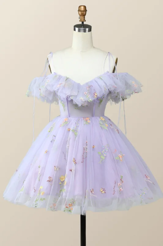 Straps Lavender Floral A-line Short Homecoming Dress