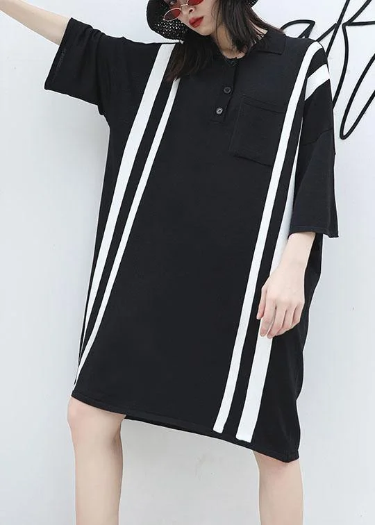 French patchwork big pockets Cotton clothes For Women Neckline black Dress summer