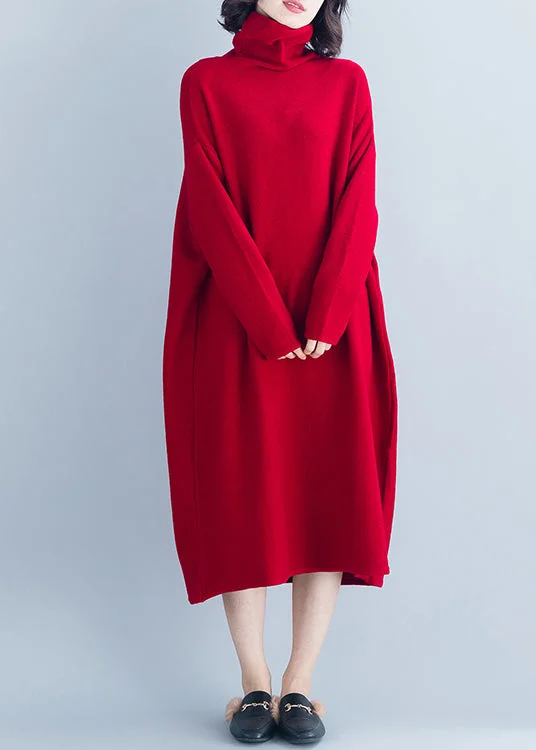 Boutique Red Hign Neck Patchwork Long Knit Dress Winter