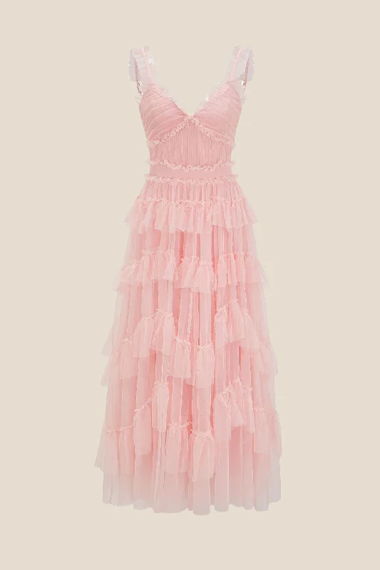 V-neck Pink Ruffle Tiered A-line Long Dress