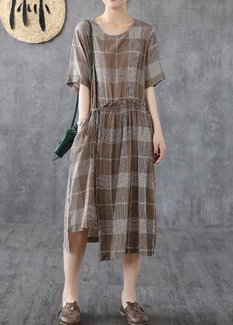 Italian o neck asymmetric cotton dresses Catwalk khaki plaid Dresses