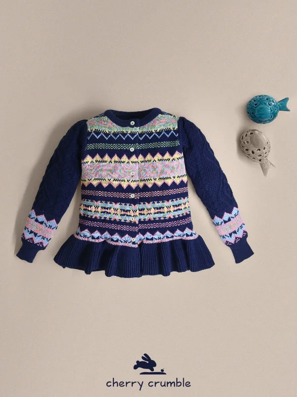 Cherry Crumble Girls Multicolour Regular Length Full Sleeves Intarsia and Cabel Knit Peplum Girls Sweater