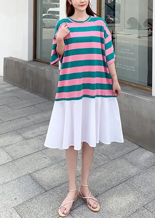 Loose red green striped dresses o neck Ruffles cotton summer Dress