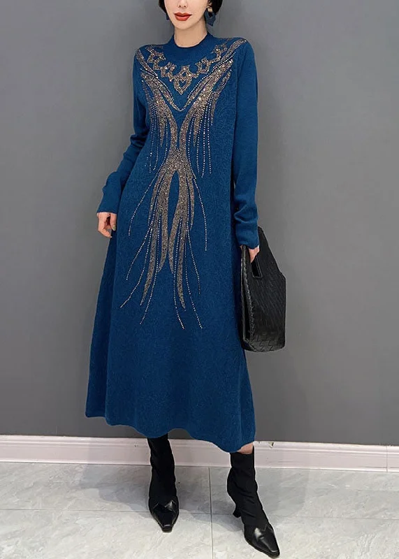 Brief Navy O Neck Zircon Exra Large Hem Knit Long Dress Winter