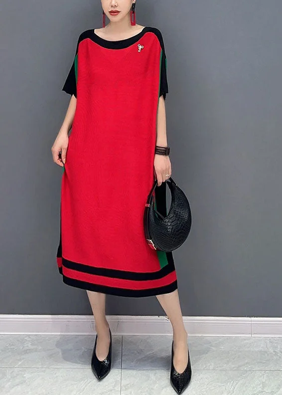 Loose Red O-Neck Knit Sweater Dresses Short Sleeve