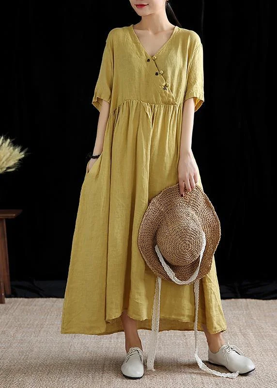 DIY yellow linen Robes v neck Extra large hem cotton summer Dress