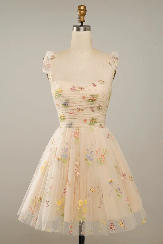 Champagne A-line Floral Short Princess Dress