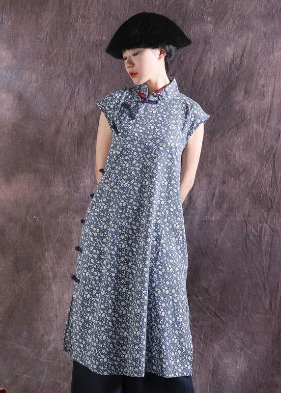 Women blue prints cotton dresses Chinese Button Traveling summer Dress