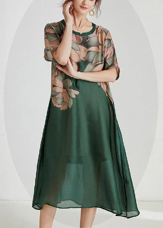 Plus Size Green Print O-Neck Holiday Summer Chiffon Dress