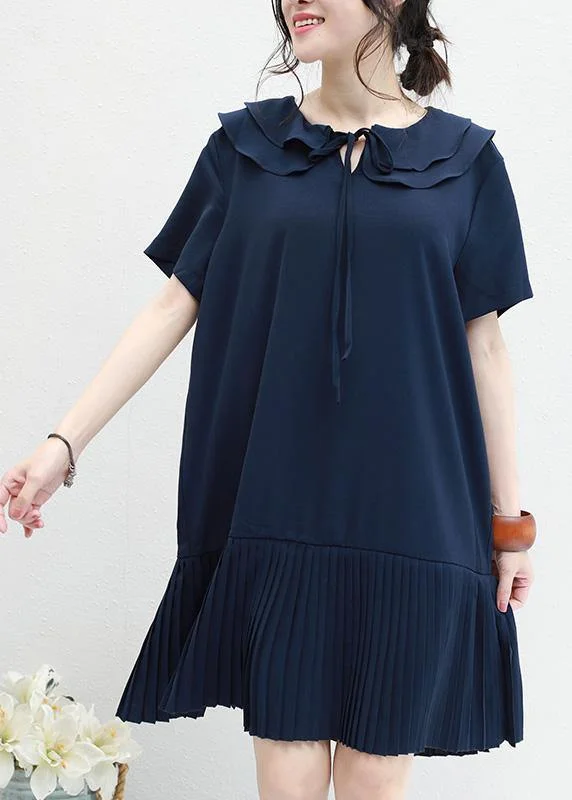 DIY ruffles Chiffon Tunics navy o neck daily summer Dresses