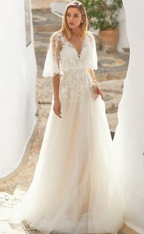 Cap Sleeve Lace Boho Wedding Dress