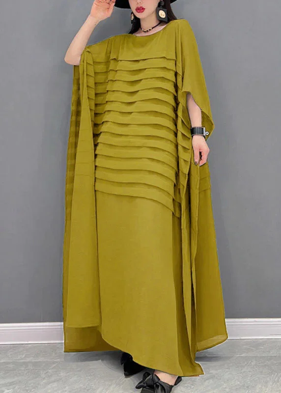 Bohemian Yellow O-Neck Striped Chiffon Ankle Dress Batwing Sleeve