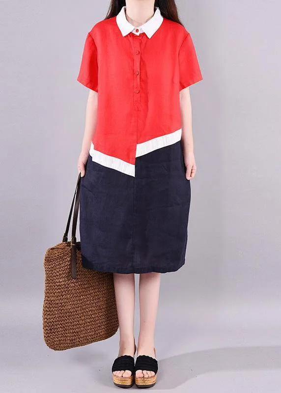 Bohemian linen clothes For Women Fitted Ramie Casual Polo Collar Short Sleeve A-Line Dress