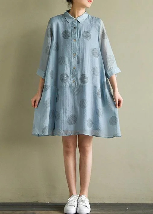 Chic blue dotted linen dress lapel half sleeve loose summer Dresses