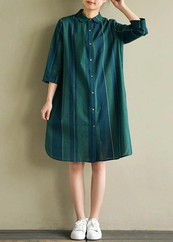 Unique blue green striped Cotton dresses lapel side open summer Dress