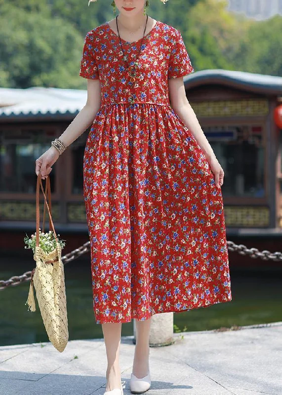 Bohemian v neck pockets linen outfit red print Dresses summer