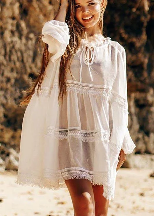 Unique White Patchwork Hollow Out Beach Gown Robe  Chiffon Dress